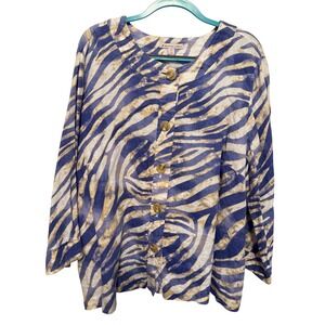 JM Collection Woman Zebra Print 100% Linen Button Front 3/4 Sleeve Top 24W